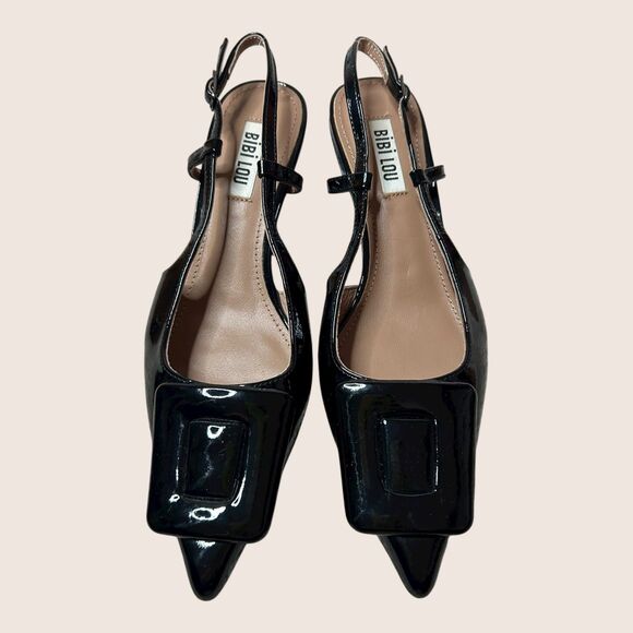 🖤 BIBI LOU ROBIN KITTEN HEELS BLACK PATENT LEATHER BUCKLE ANTHRO EU37 US7 NWT - Picture 2 of 8